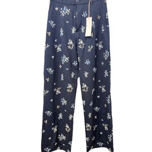 NWT Driftwood Blue Embroidered Floral Pin Stripe Pleated Trouser Nola Sky Size M